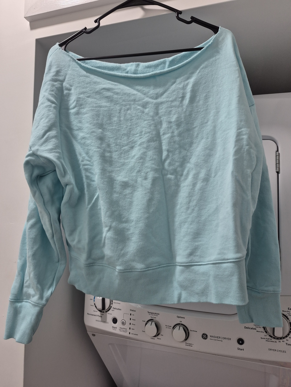 Boston Proper Off-Shoulder Pullover Sweatshirt in Light Aqua